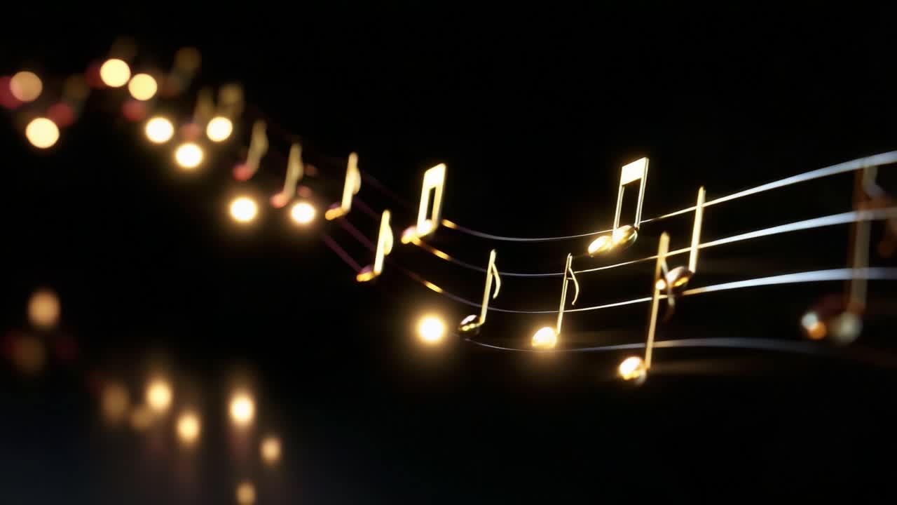 A Captivating Display of Golden Musical Notes Dancing in the Darkness, Illuminating the Scene with Striking Lights and Creating a Mesmerizing Ambiance Perfect for Music Lovers and Aesthetics Enthusiasts Alike