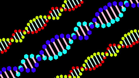 Animation-of-colorful-dna-rotating-on-black-background