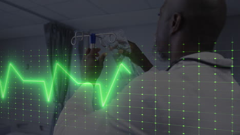 Animation-of-heart-rate-monitor-against-african-american-male-doctor-checking-iv-drip-at-hospital