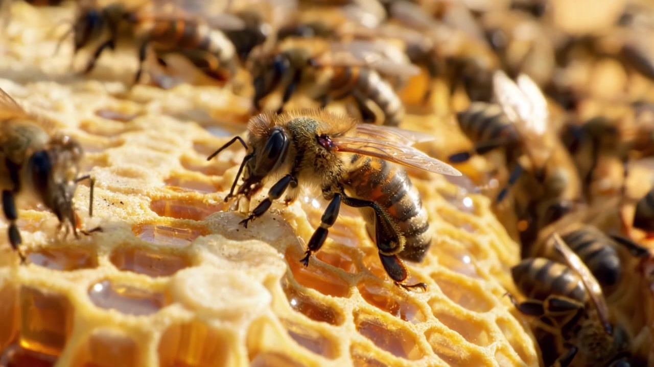 Un primo piano di api con favo nel loro habitat naturale, che mostra il loro ruolo nell'impollinazione e nella produzione di miele nell'ecosistema della natura.