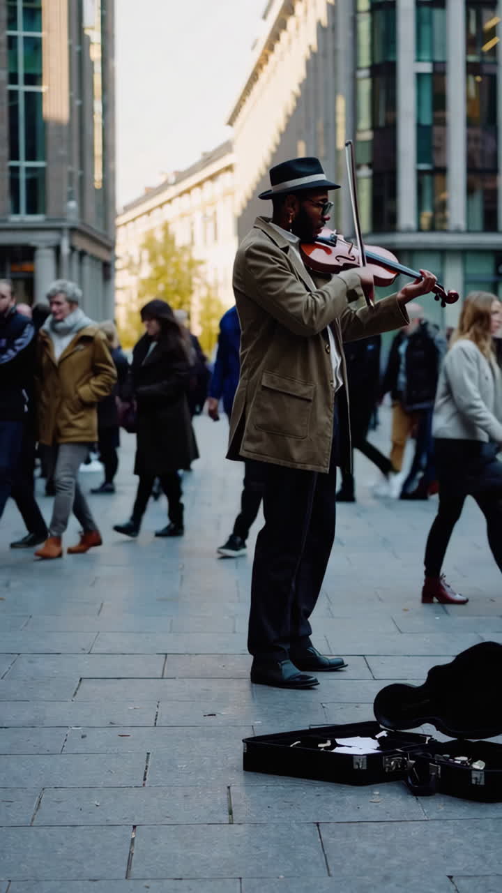 Musicista di strada che suona il violino in una città.