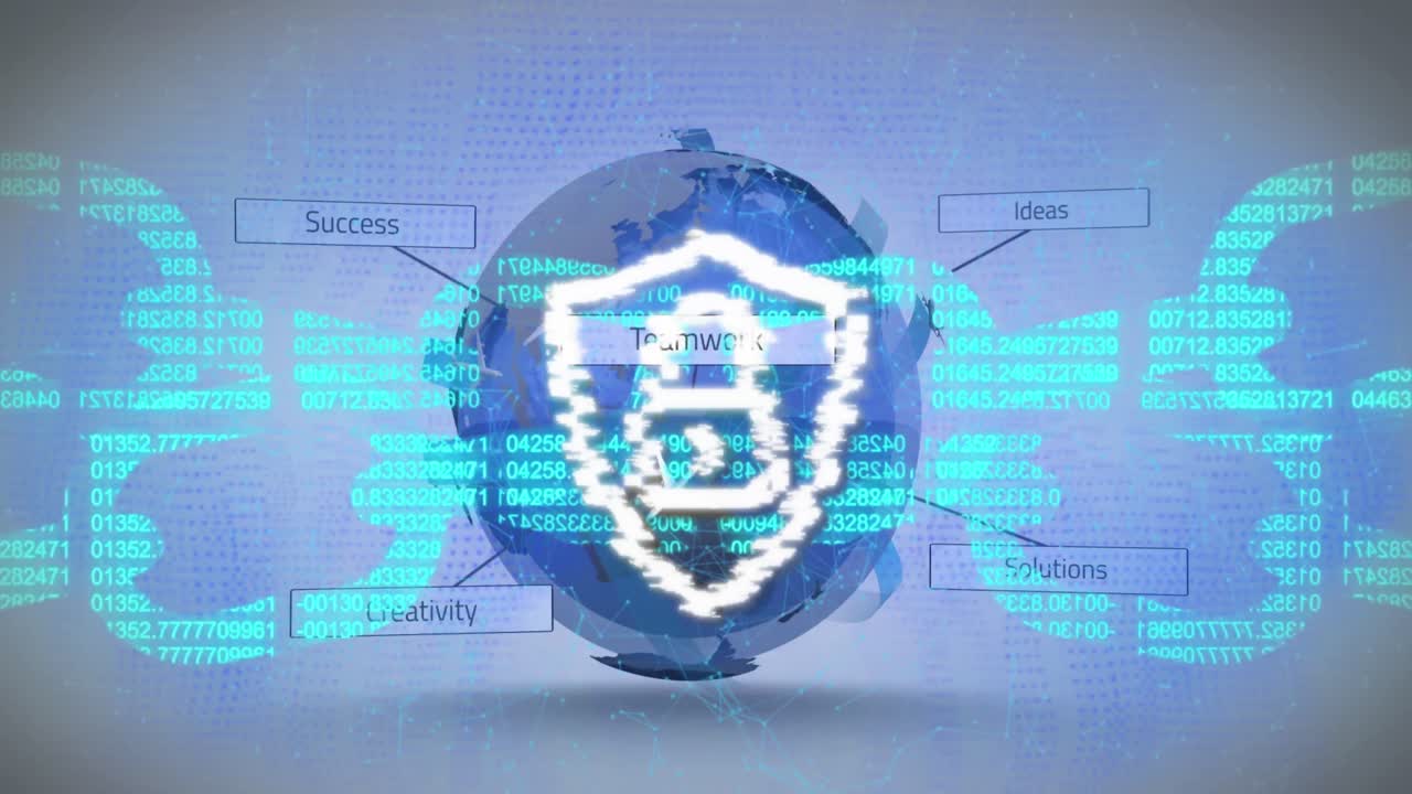 animación de candado en escudo, blockchain sobre textos de todo el mundo sobre fondo abstracto