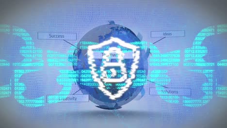 animación de candado en escudo, blockchain sobre textos de todo el mundo sobre fondo abstracto