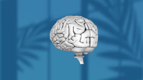 icono del cerebro humano girando contra las hojas efecto de sombra en fondo azul