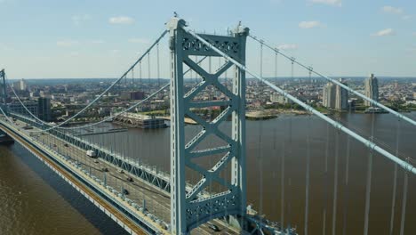 Aerial---Orbit-of-bridge-connecting-urban-city-during-summer-afternoon