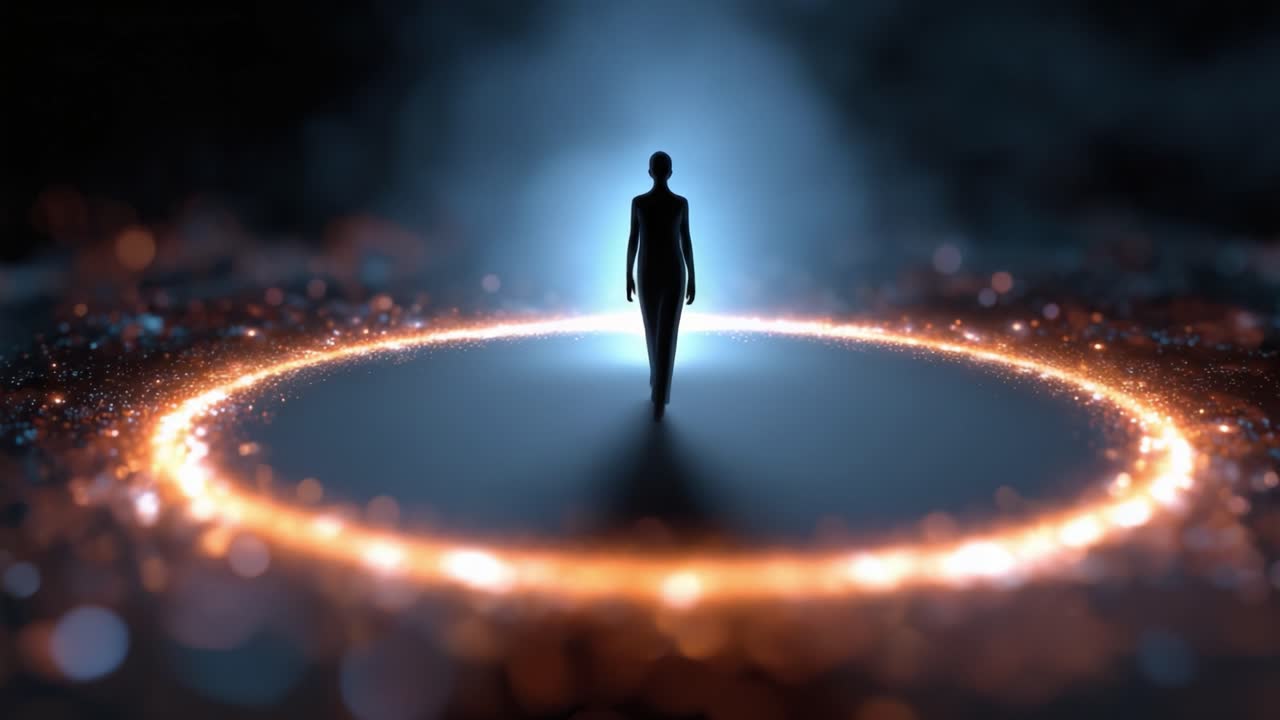A solitary figure stands in a mesmerizing luminous circle of energy, surrounded by a mystical glow, creating an ethereal atmosphere of wonder and contemplation