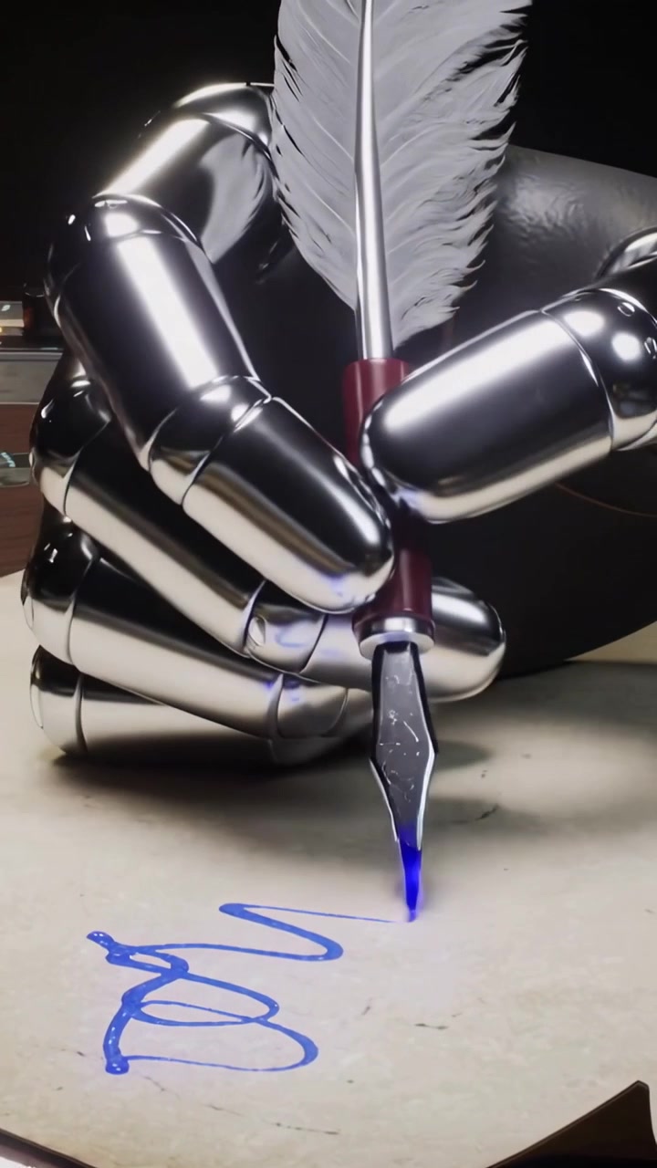 Video verticale: Un pennino tocca la carta su una scrivania, mani cromate disegnano anelli blu con una penna d'oca che testa l'inchiostro.