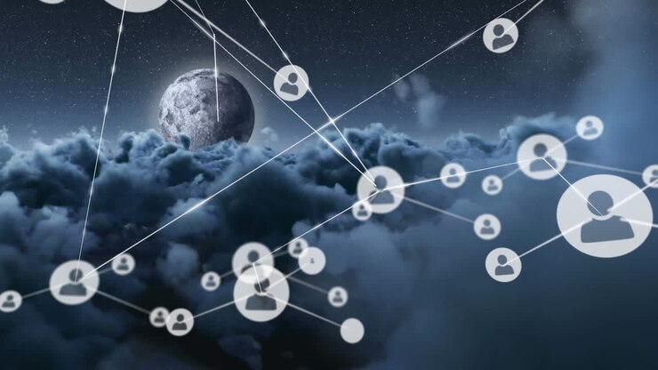Animation of networks of connections with icons over clouds and sky
