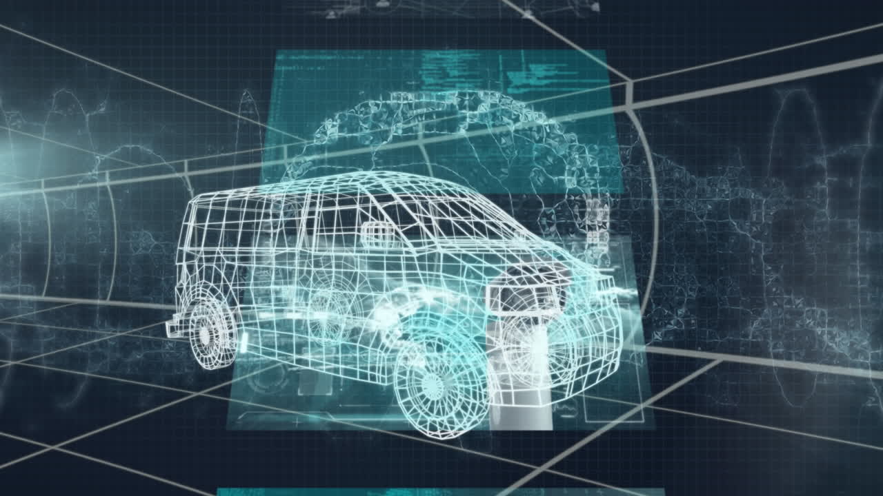 animación del cerebro humano y procesamiento de datos sobre modelo de dibujo 3d de furgoneta y cuadrícula