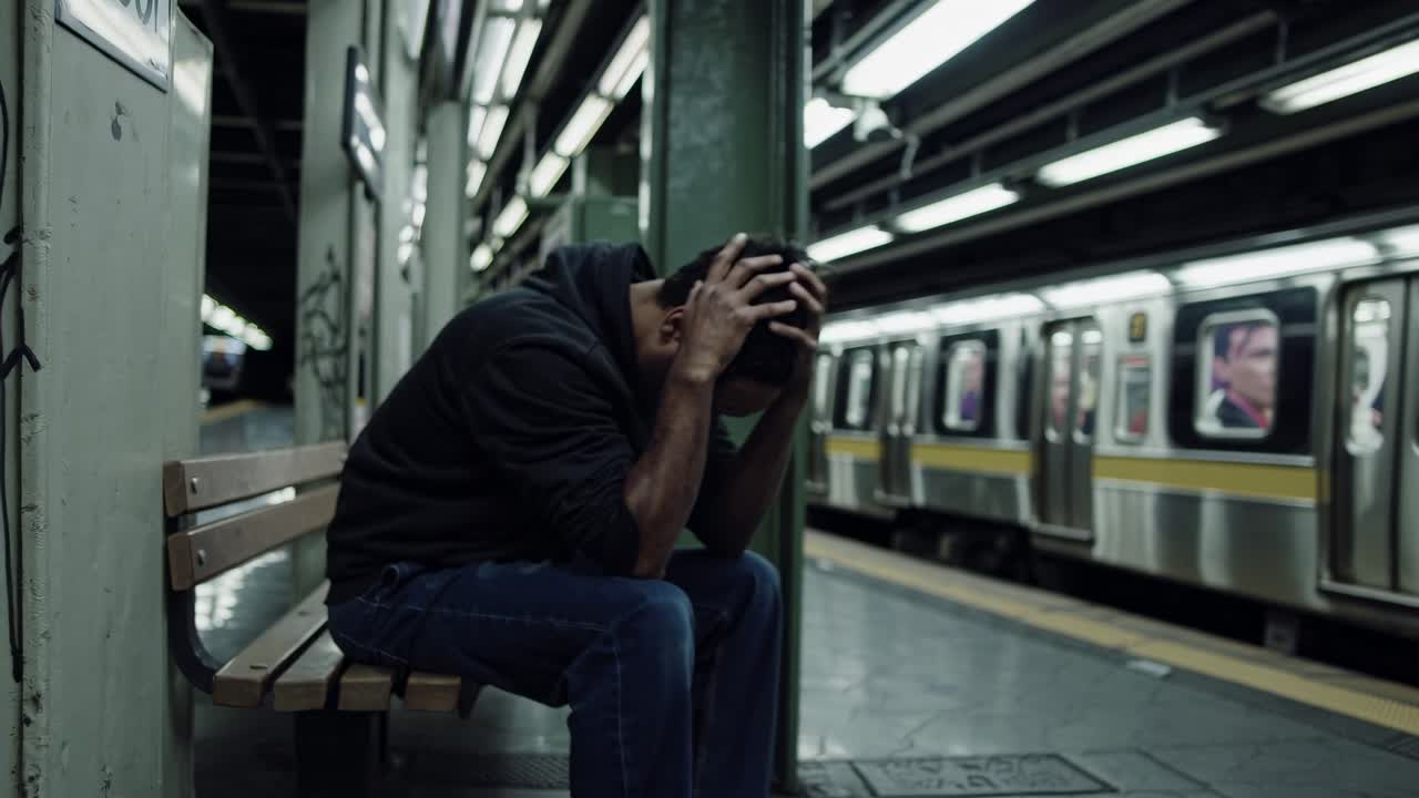 Man Sitting Alone on a Subway Platform