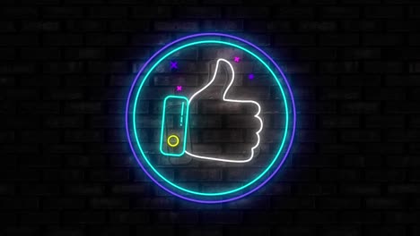 Illuminated-thumbs-up-like-neon-sign-on-black-brick-wall-background