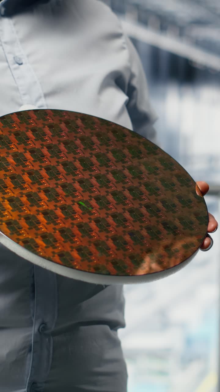 Video verticale: donna e collega che discutono di wafer di silicio in un impianto di produzione