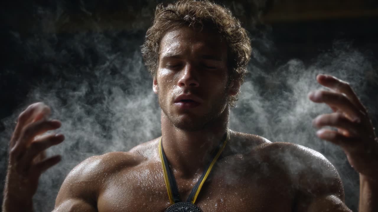 An Intense Moment of Reflection and Triumph: A Muscular Athlete in Focus, Surrounded by Smoke, Showcasing Strength and Emotion with a Medal Around His Neck