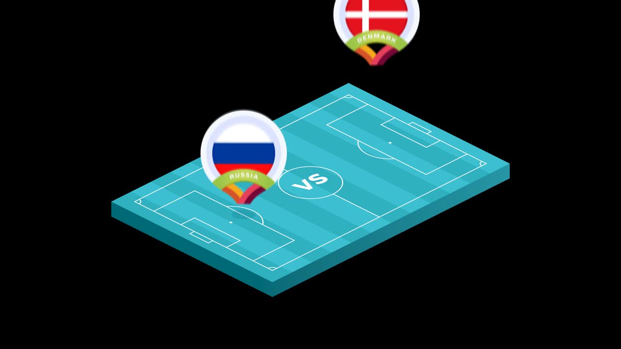 россия против дании матч футбол изометрическое поле видео анимация. футбол 2020 чемпионат матч против команд интро спорт альфа матовый фон, соревнования полная hd анимация