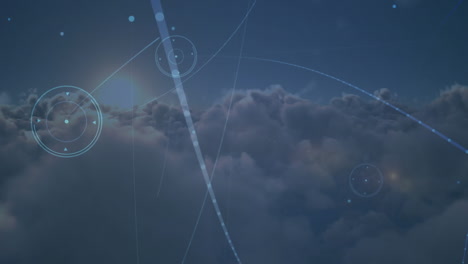 animación de la red de conexiones con el registro de estadísticas sobre nubes en el fondo