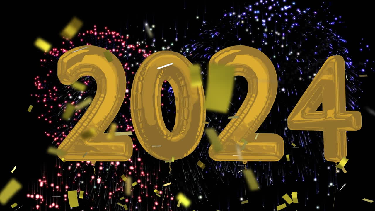 animación de 2024 globos volando y cayendo confeti sobre un fondo negro