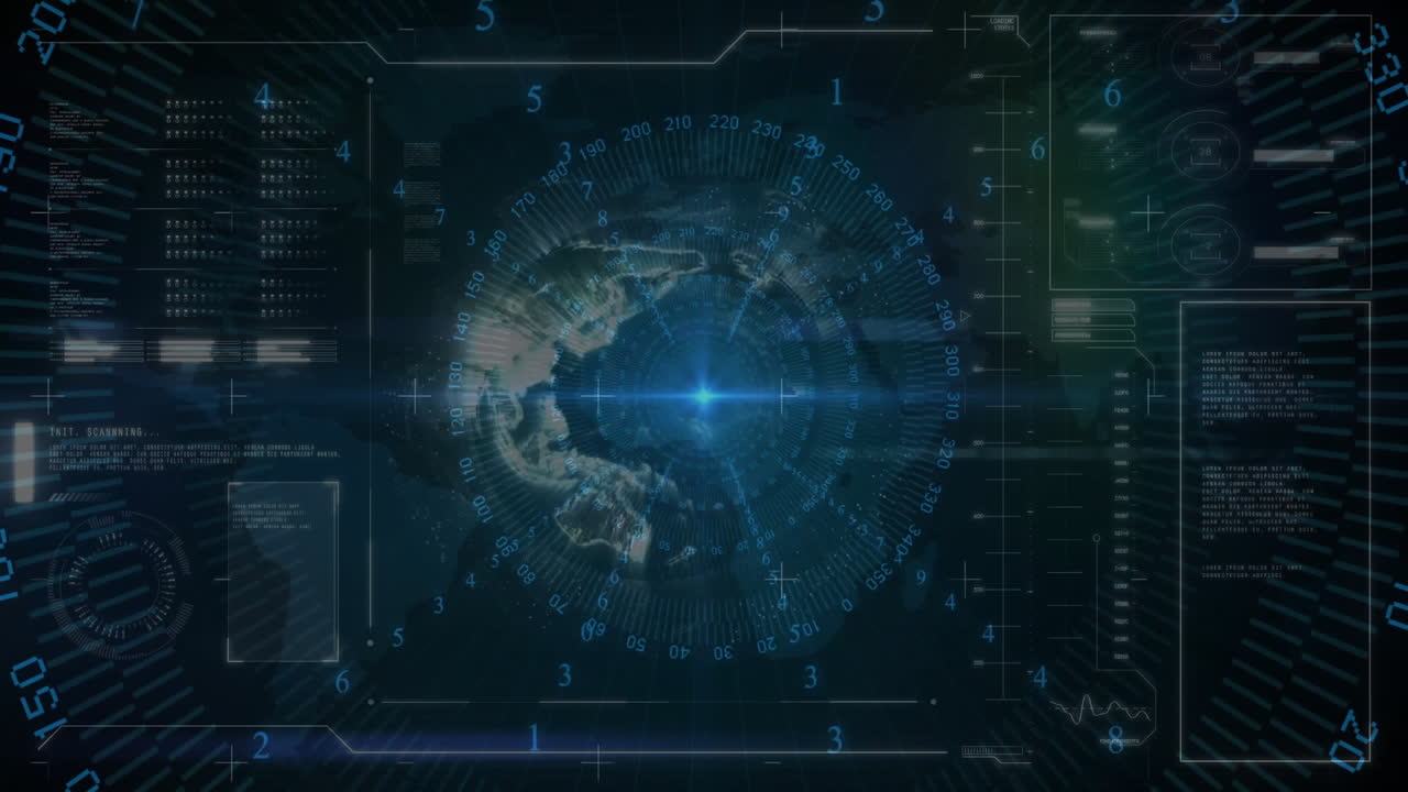 Central digital globe spinning within concentric grid, showing numeric overlays and scanning beam