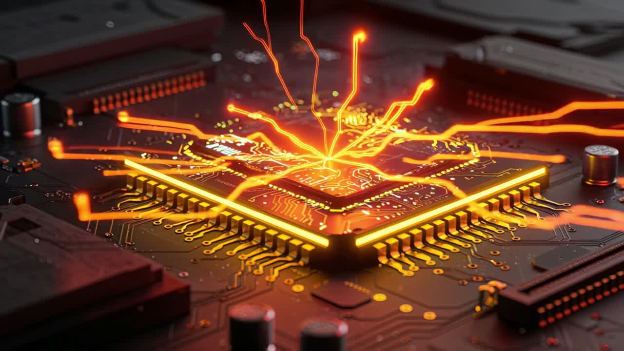 Digital Processor with Glowing Data Flow on Circuit Board