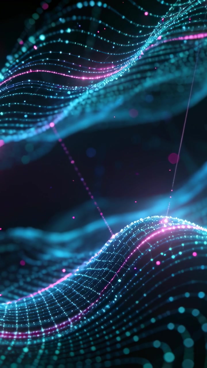 Vertikal video: Skiftende kamera forårsager, at et punktgitter stiger i et neon-tomrum med pulserende turkis-magenta stråle-bokeh.