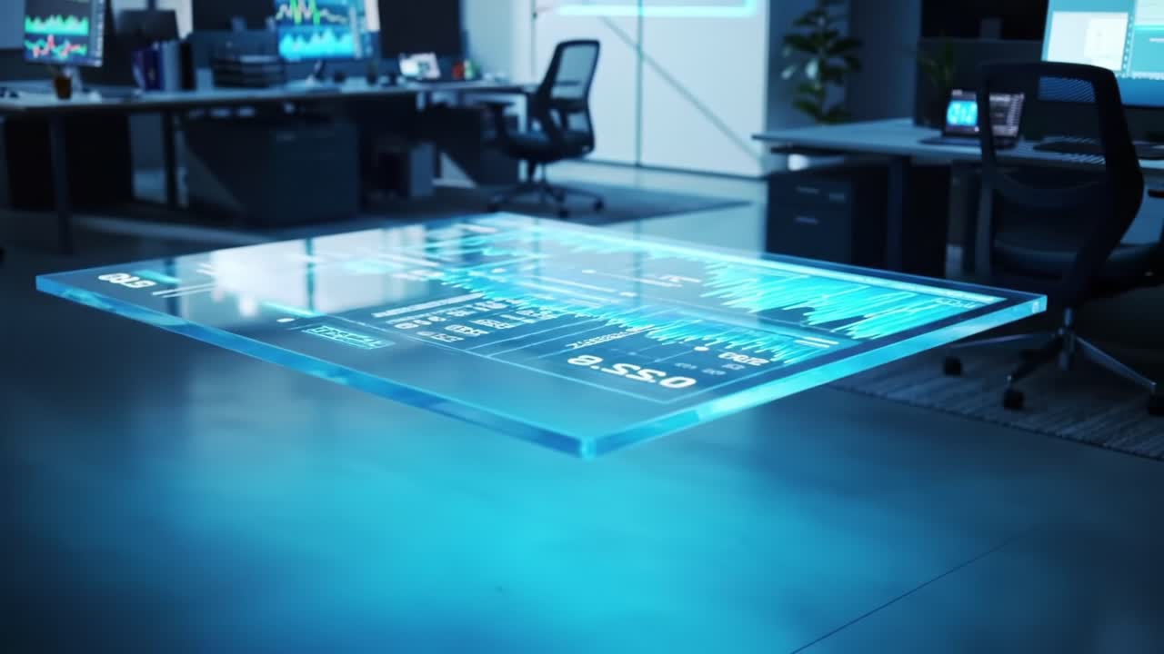 A Futuristic Transparent Display Hovering Above a Sleek Office Workspace, Showcasing Analytics and Data Visualizations in a High-Tech Environment