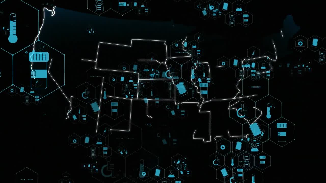Animation of usa shape with medical icons and data processing on black background