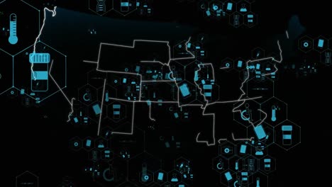 animación de la forma de usa con iconos médicos y procesamiento de datos en fondo negro