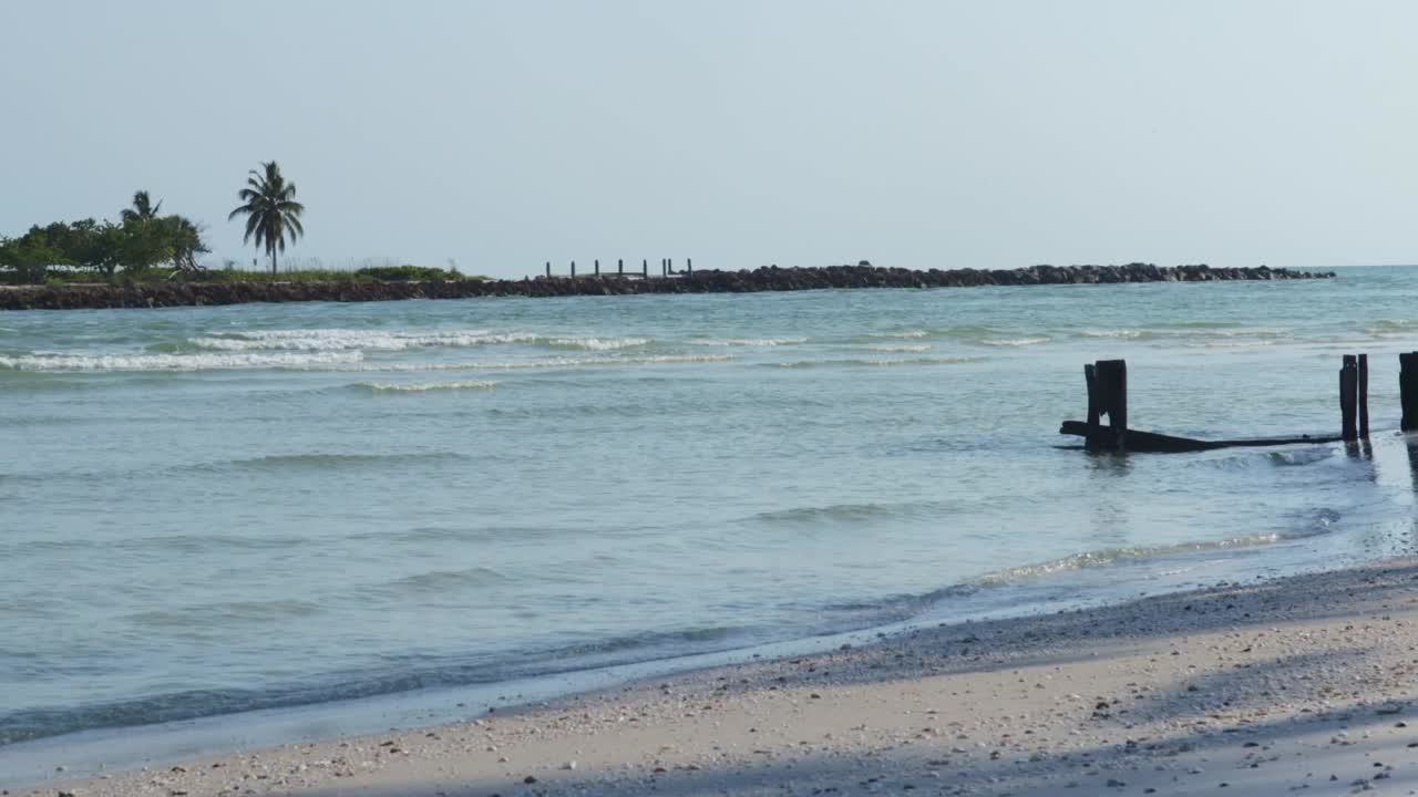 Una spiaggia costiera della Florida sul Golfo. Palme, onde, scia e sabbia bianca creano una splendida scena da vacanza.