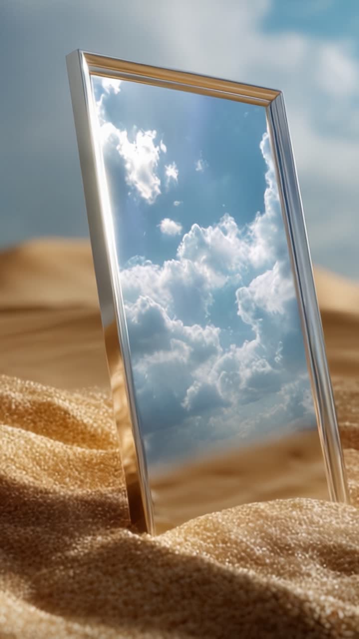 Uno specchio riflettente si erge verticalmente su un terreno sabbioso, catturando la bellezza delle nuvole sovrastanti, fondendo elementi di terra e cielo in un'atmosfera serena.