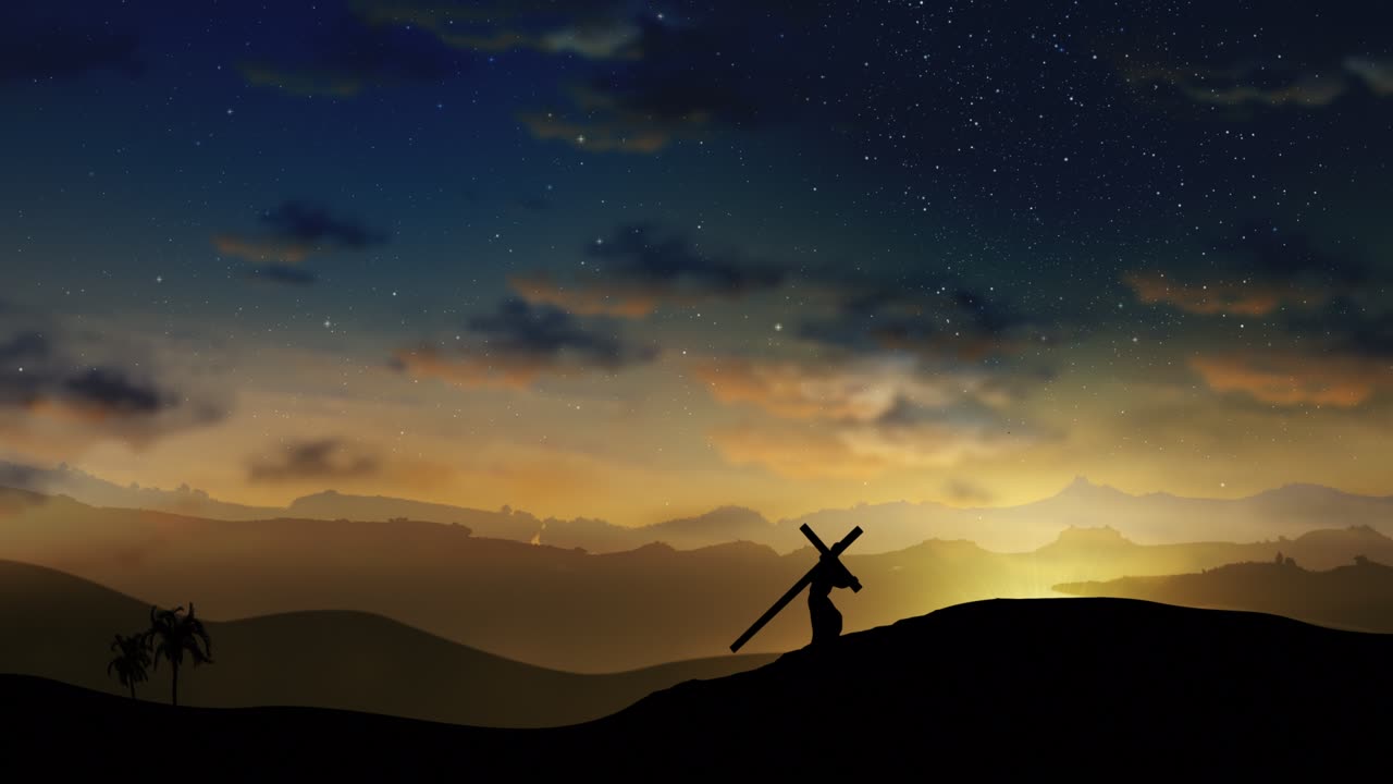 예수 그리스도가 십자가를 뒤에 들고 언덕으로 올라가고 있다.