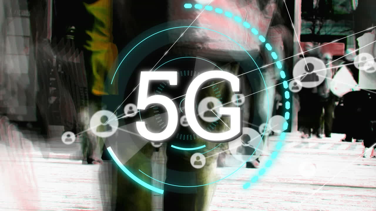 거리에서  ⁇ 는 사람들을 상징하는 연결 네트워크를 통한 5g 텍스트