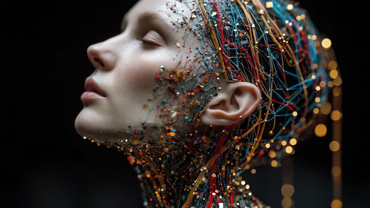 Un'esplorazione affascinante della fusione tra la forma umana e il complesso cablaggio decorativo, che mette in risalto la bellezza della tecnologia intrecciata con elementi organici