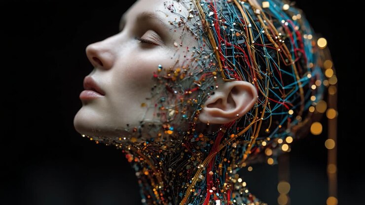 Un'esplorazione affascinante della fusione tra la forma umana e il complesso cablaggio decorativo, che mette in risalto la bellezza della tecnologia intrecciata con elementi organici