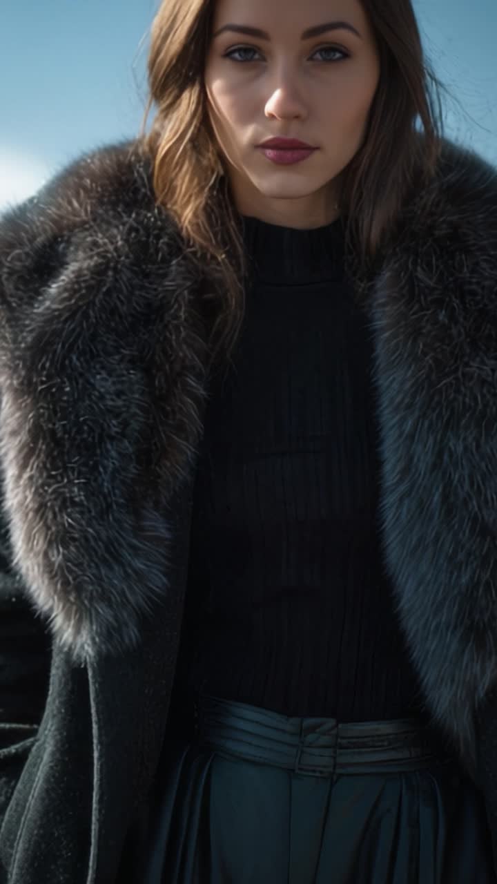 Elegante ritratto di una modella che sfoggia uno splendido cappotto con lussuosi dettagli in pelliccia, ambientato contro un cielo luminoso, emanando sofisticazione e stile.