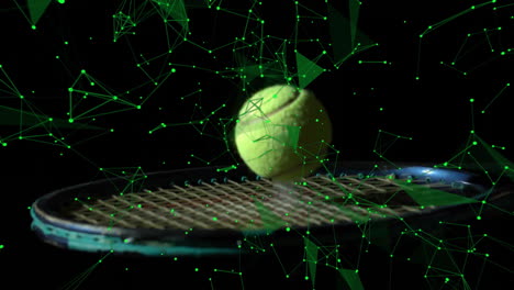 Animación-De-Red-De-Conexiones-Sobre-Raqueta-De-Tenis-Y-Pelota-Sobre-Fondo-Negro