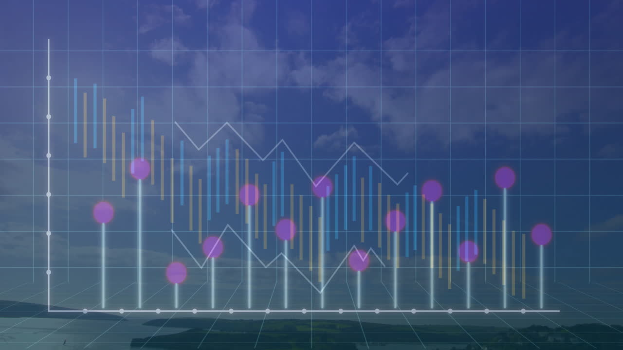 Candlesticks rising on 3D grid over sky, white line climbing translucent beams with purple markers