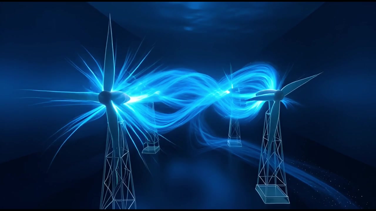 Futuristic Wind Turbines with Glowing Blue Energy