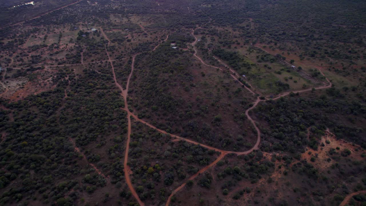 High altitude sunset in Rural place in Africa. Aerial view of savannah.