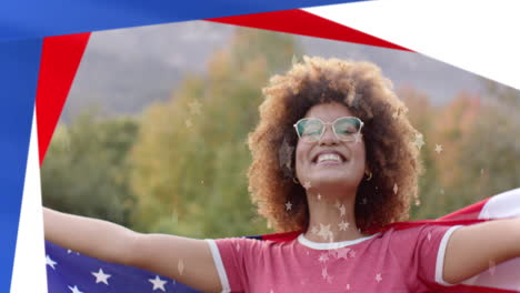 animación de las elecciones de estados unidos texto y bandera estadounidense, hombre diverso con insignia de voto y mujer agitando bandera