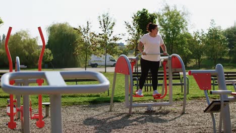 mujer usando un entrenador elíptico en un parque público