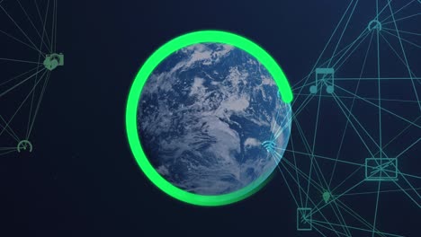 animación del icono del círculo de carga y las redes de conexiones en todo el mundo