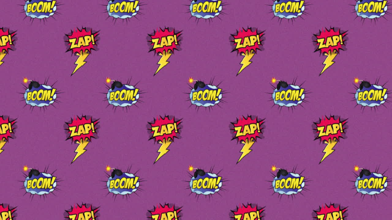 Animation of multiple vintage comic cartoon speech bubbles with Zap! and Boom! text moving