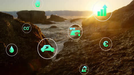 animation of network of eco icons over seascape