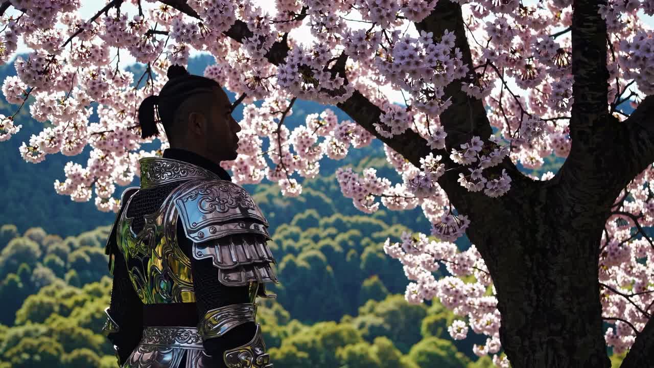 A warrior in ornate armor stands under cherry blossoms, viewed from behind