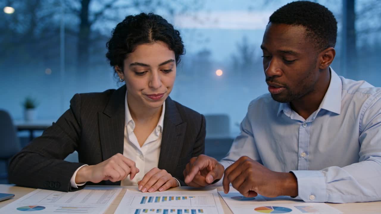 Leaning, woman in dark-suit and man in blue shirt pointing at office bar chart, clarifying figures