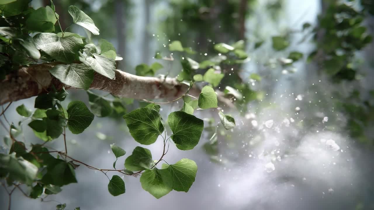 A Serene Glimpse of Nature: Captivating Leaves Dancing in a Misty Forest with Gentle Light Filtering Through, Evoking the Tranquility of Fresh Greenery