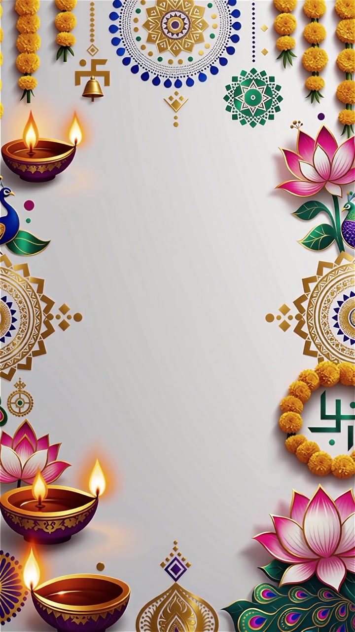 Sfondo Diwali con Diyas luminosi, Rangoli e fiori di loto