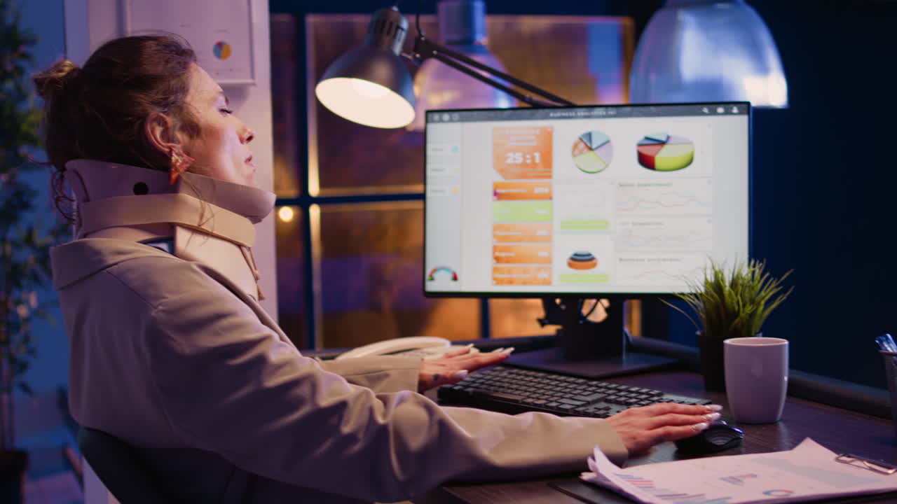 Woman working late at the office with a neck brace