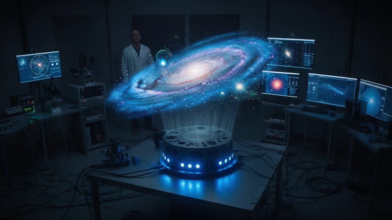 A Scientist Stands in Awe as a Virtual Galaxy Emerges from a Holographic Device, Surrounded by Complex Technology and Intricate Display Screens