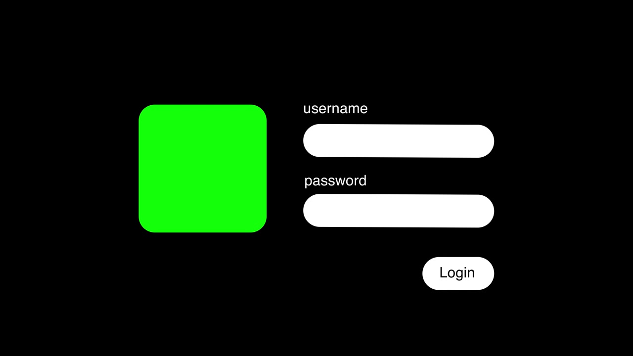 Animated Login Screen with Username, Password Fields, and Green Placeholder