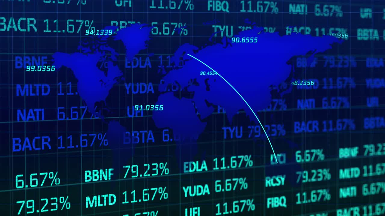 Animation of digital screen with world map, financial data and graphs